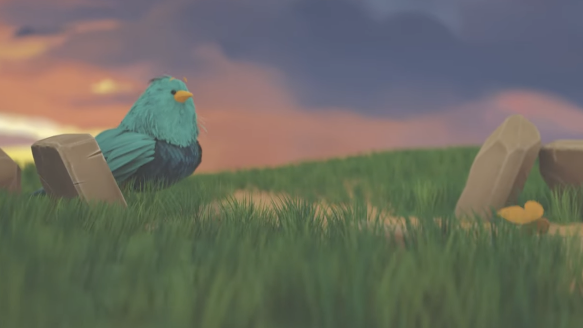 still taken from Mockingbird video that shows an illustrated Mockingbird sitting in grass with a pink and blue sky.